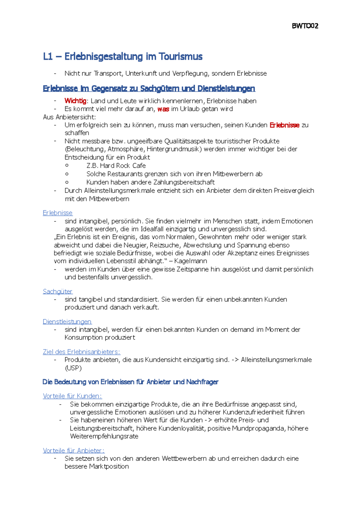 BWTO02 Zusammenfassung - L1 – Erlebnisgestaltung Im Tourismus Nicht Nur ...