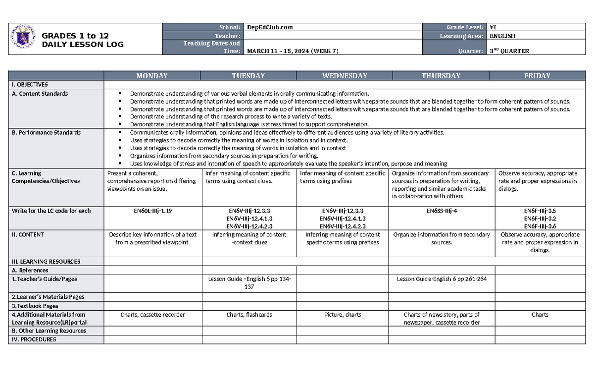 DLL English 6 Q3 W7 - Detailed Lesson plan - GRADES 1 to 12 DAILY ...