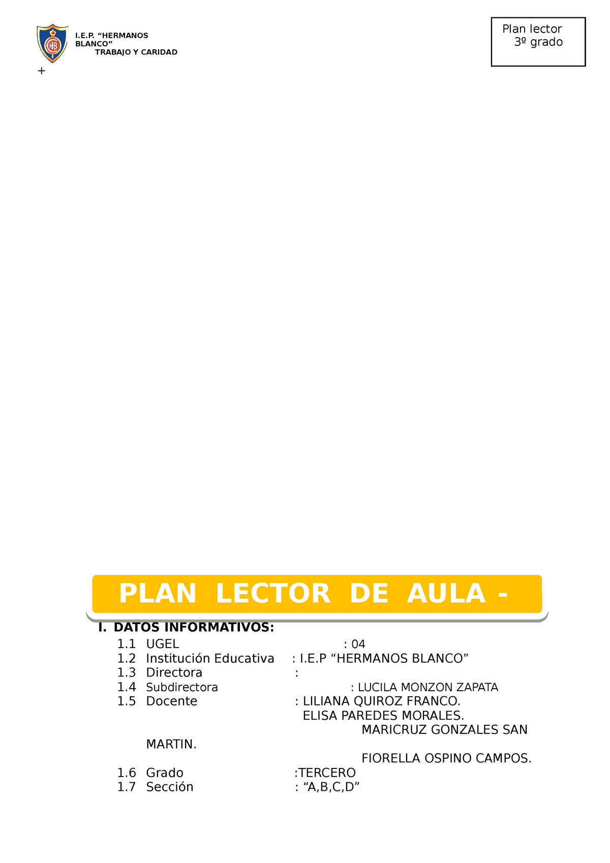 PLAN Lector 2023 Tercero. A,B,C,D OK - ####### I. DATOS INFORMATIVOS ...