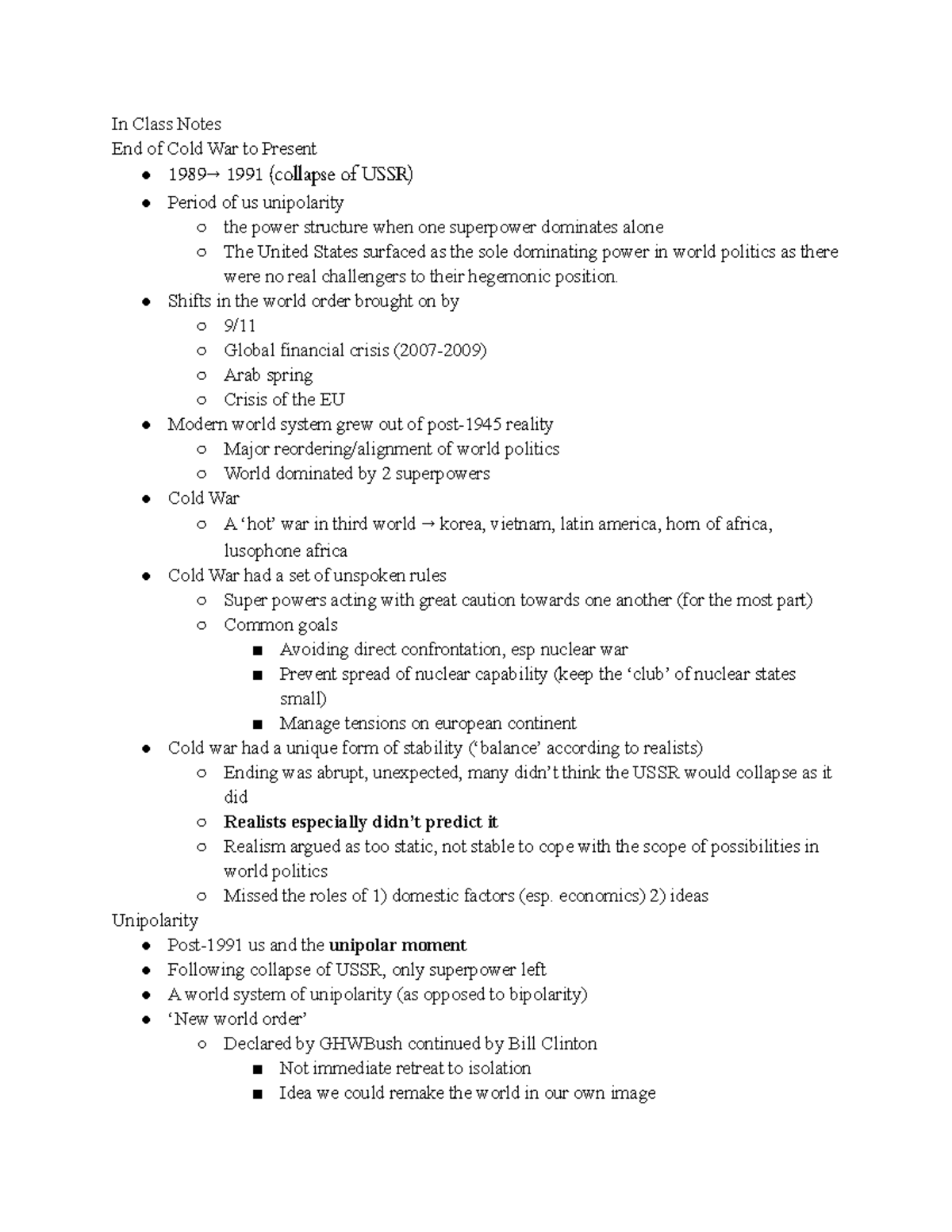 Chapter 4 lecture notes in class notes end of cold war to present 