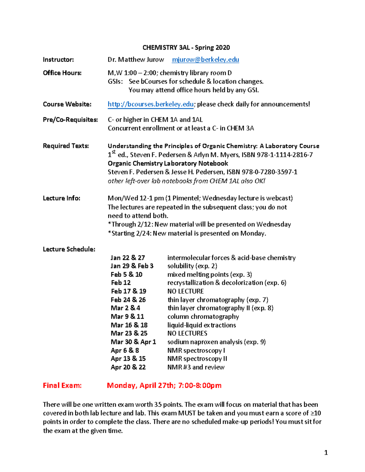 Chem 3AL Jurow Syllabus Sp20 - Warning: TT: Undefined Function: 32 ...