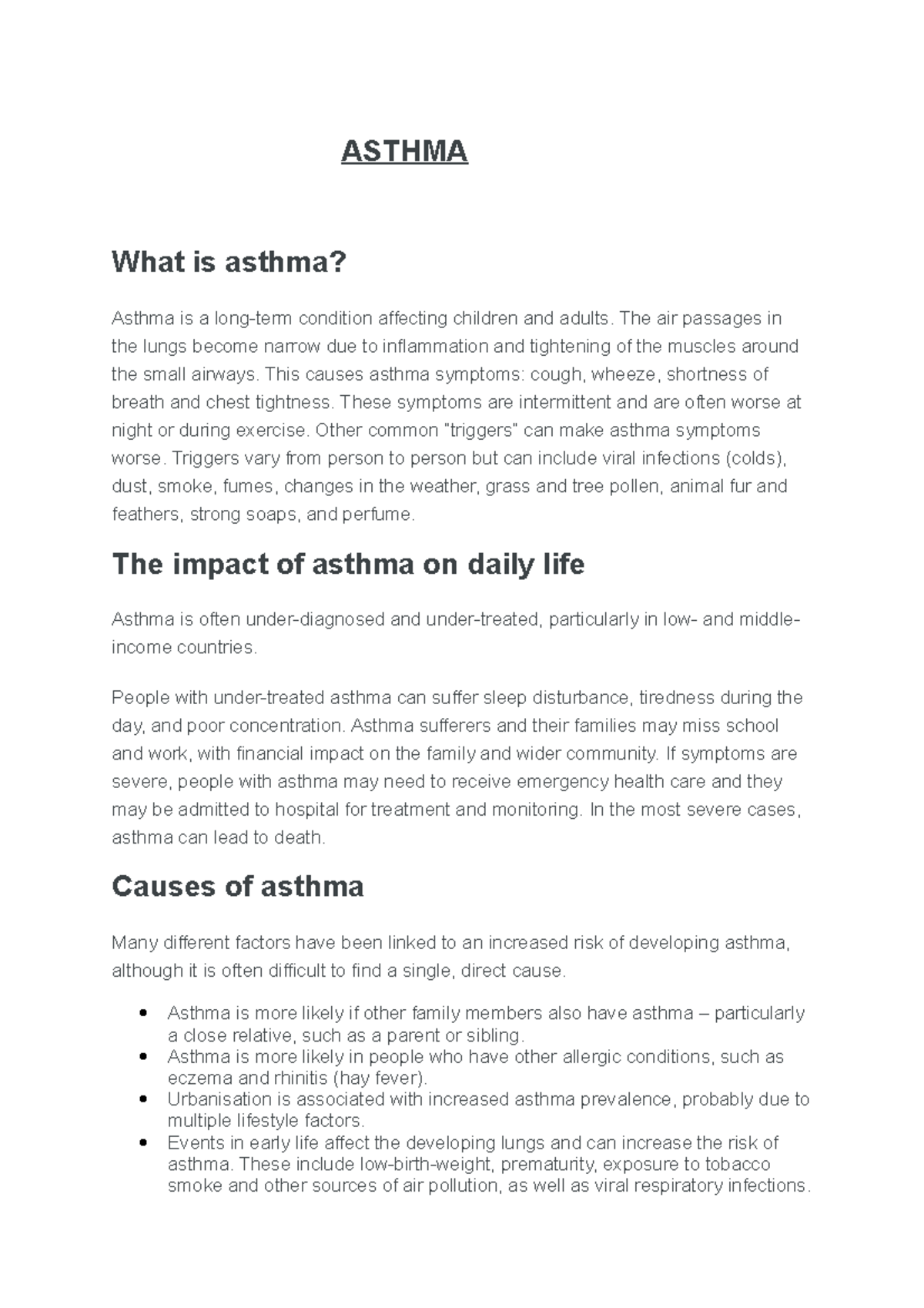 Asthma - reference- WHO website, medical surgical nursing text books ...