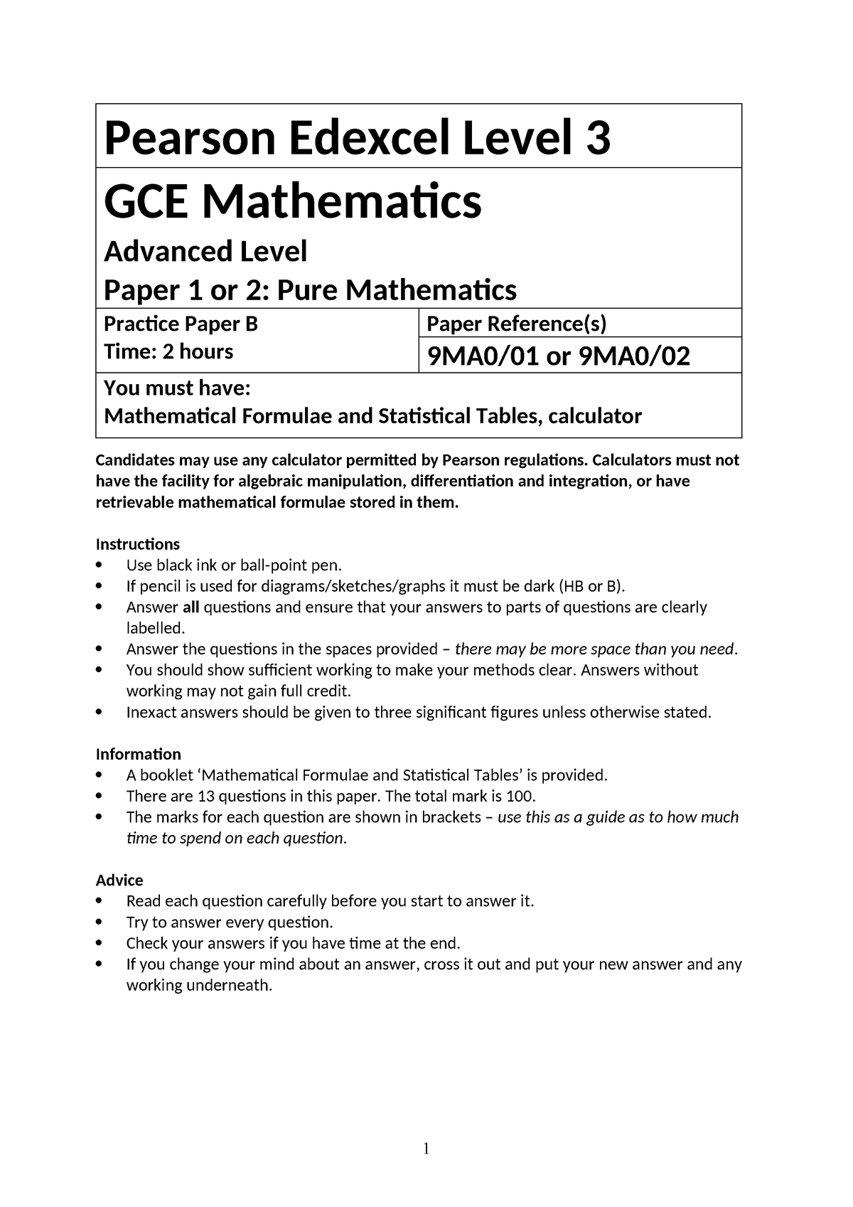 02a A Level Mathematics Practice Paper B – Pure Mathematics - Pearson ...