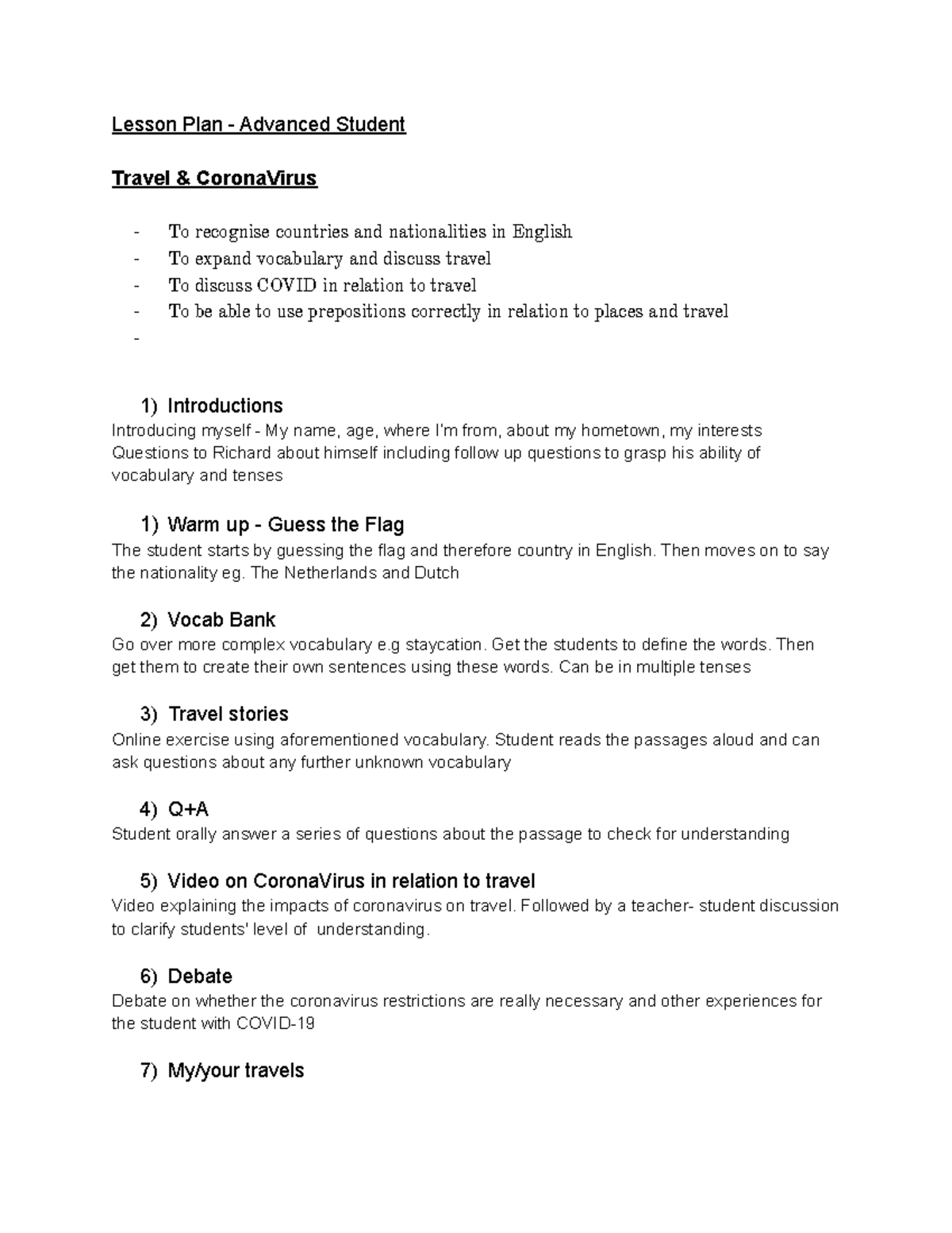 Lesson Plan - Advanced Student - Lesson Plan - Advanced Student Travel ...