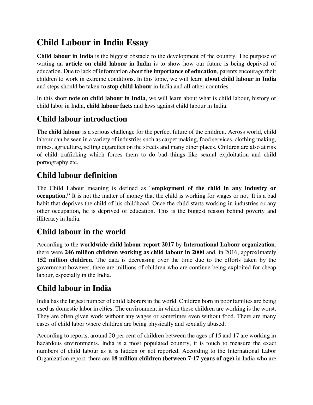 essay writing on child labour in india