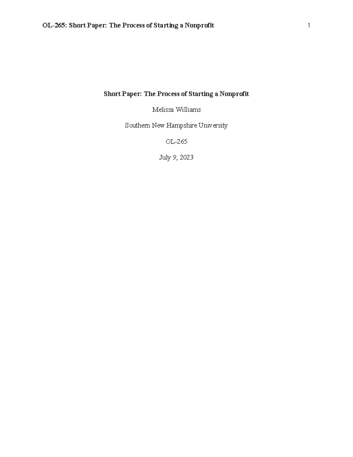 Ol 265 The Process Of Starting A Nonprofit Short Paper The Process Of Starting A Nonprofit