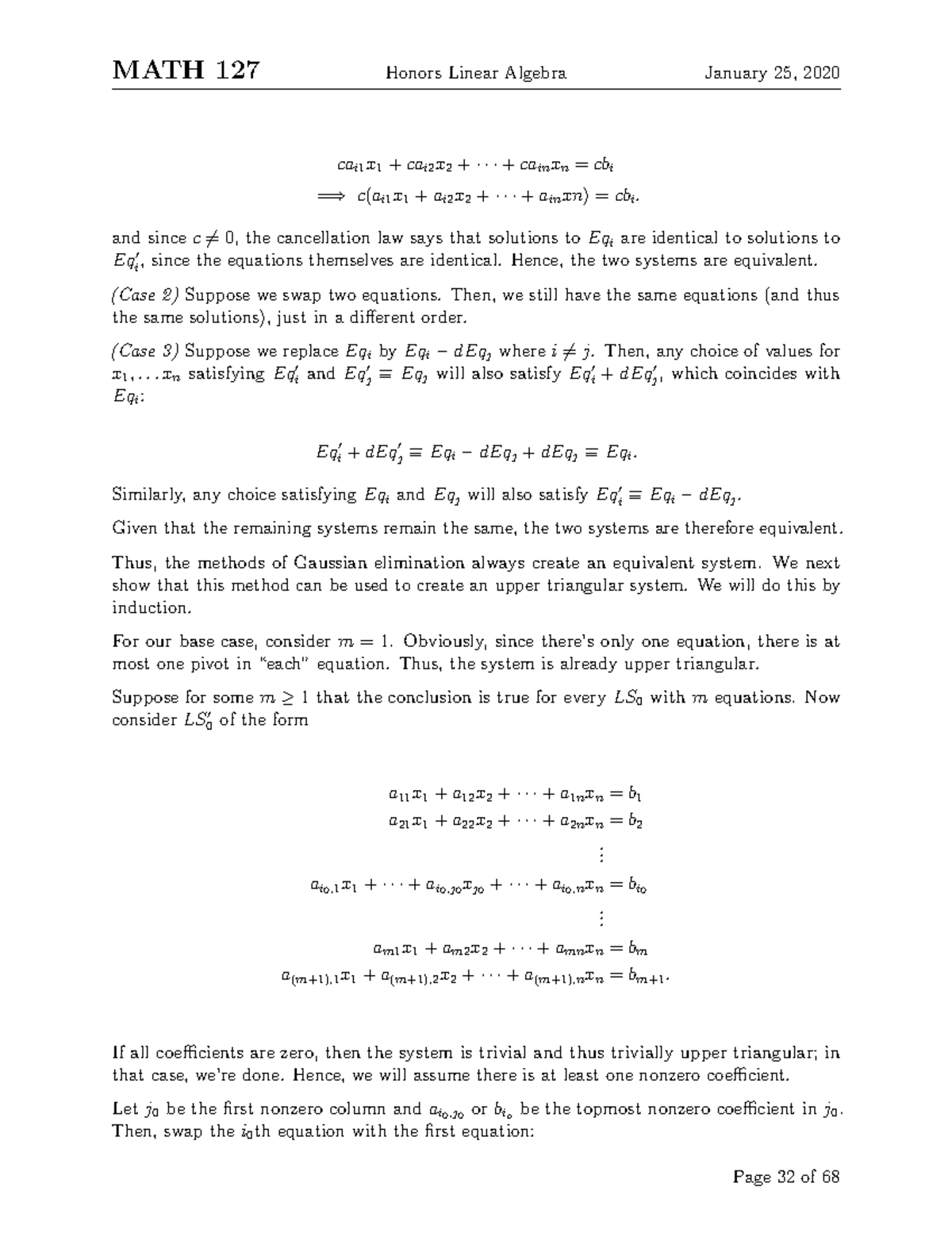 Math 235 32 Lecture Notes 32 Math 127 Honors Linear Algebra January Math 235 32 Lecture Notes 32 Math 127 Honors Linear Algebra January