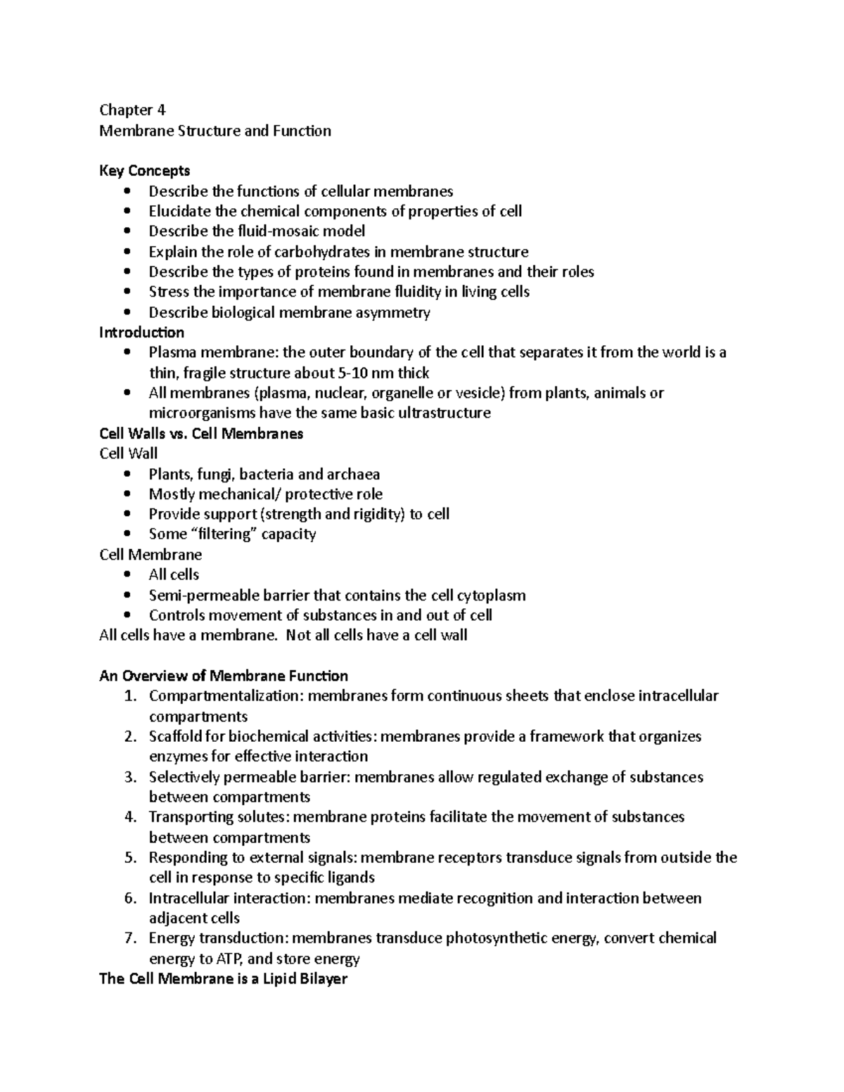 Chapter 4 - Yoder - Chapter 4 Membrane Structure and Function Key ...