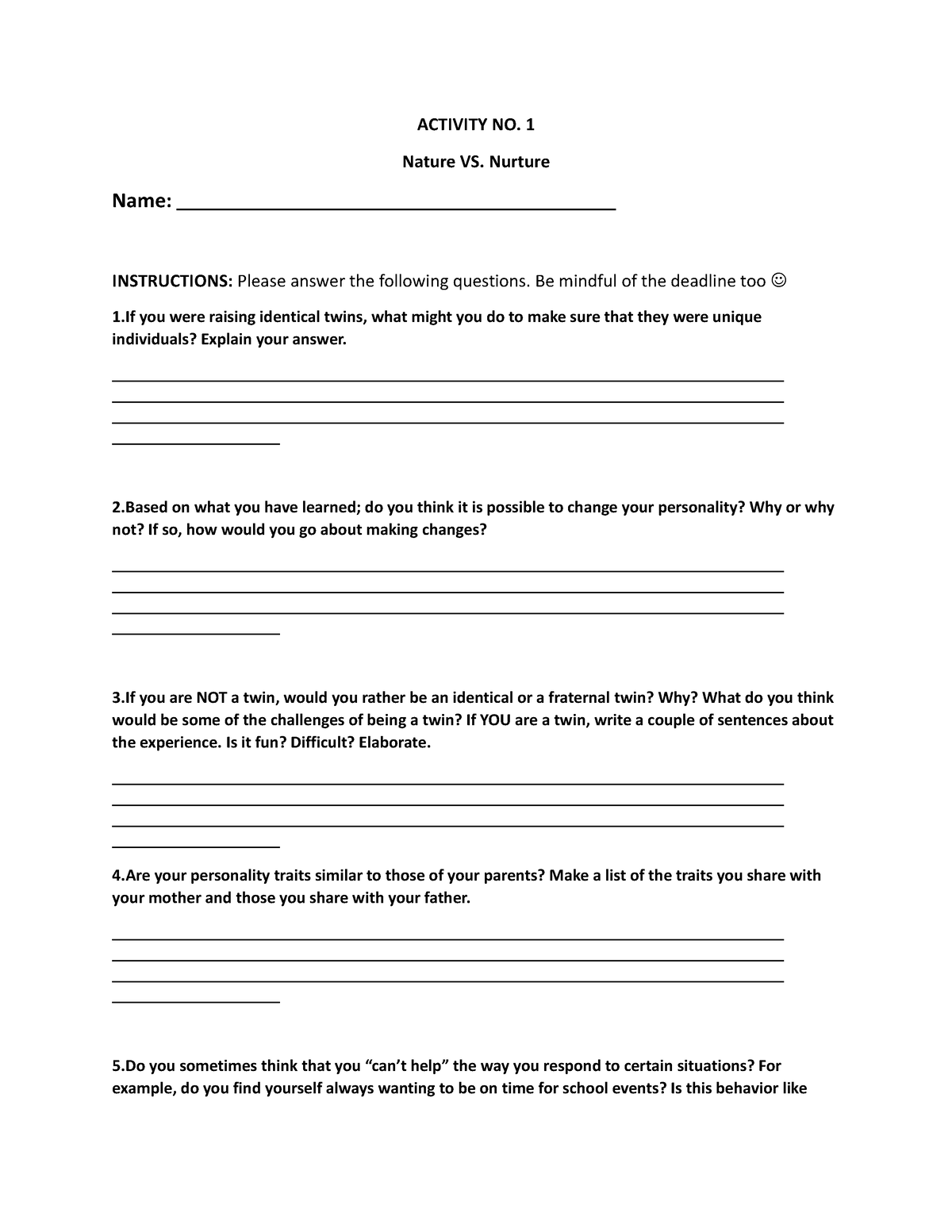 Activity NO 1- UTS - ACTIVITY NO. 1 Nature VS. Nurture Name ...