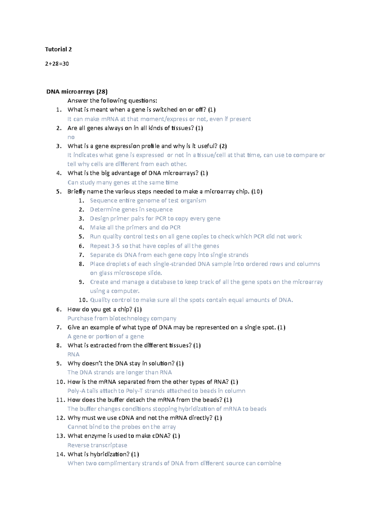 Tutorial 2 memo 2018 ANSWERS Tutorial 2 2+28= DNA microarrays (28