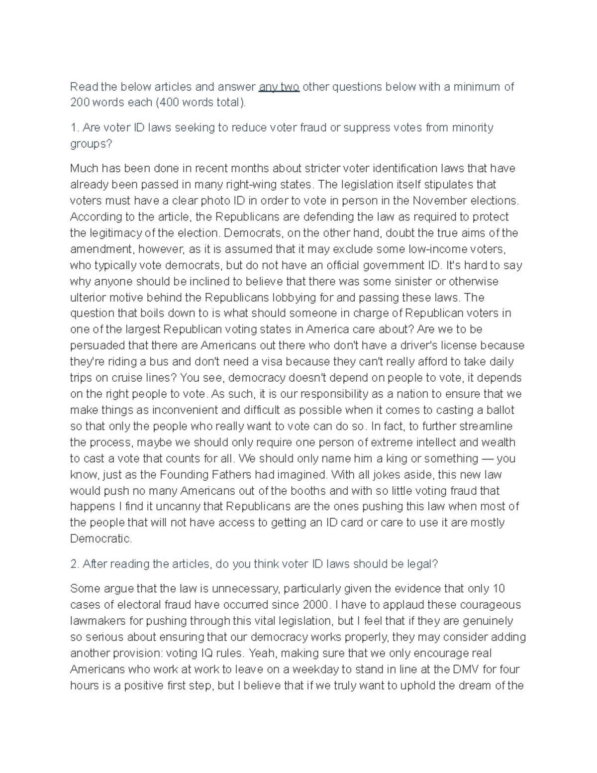 Voter Identification Laws and Voter Suppression Read the below