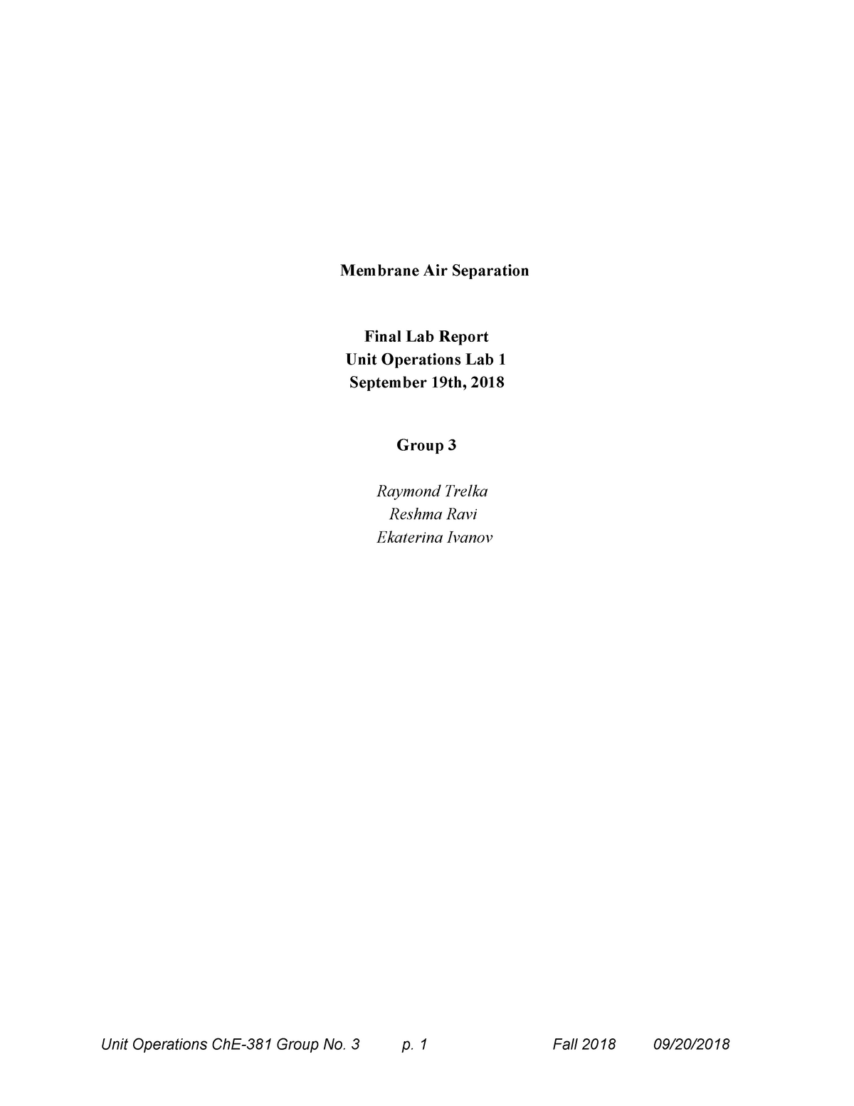 Membrane Separation Final Report - Air Separation Final Lab Report Unit ...