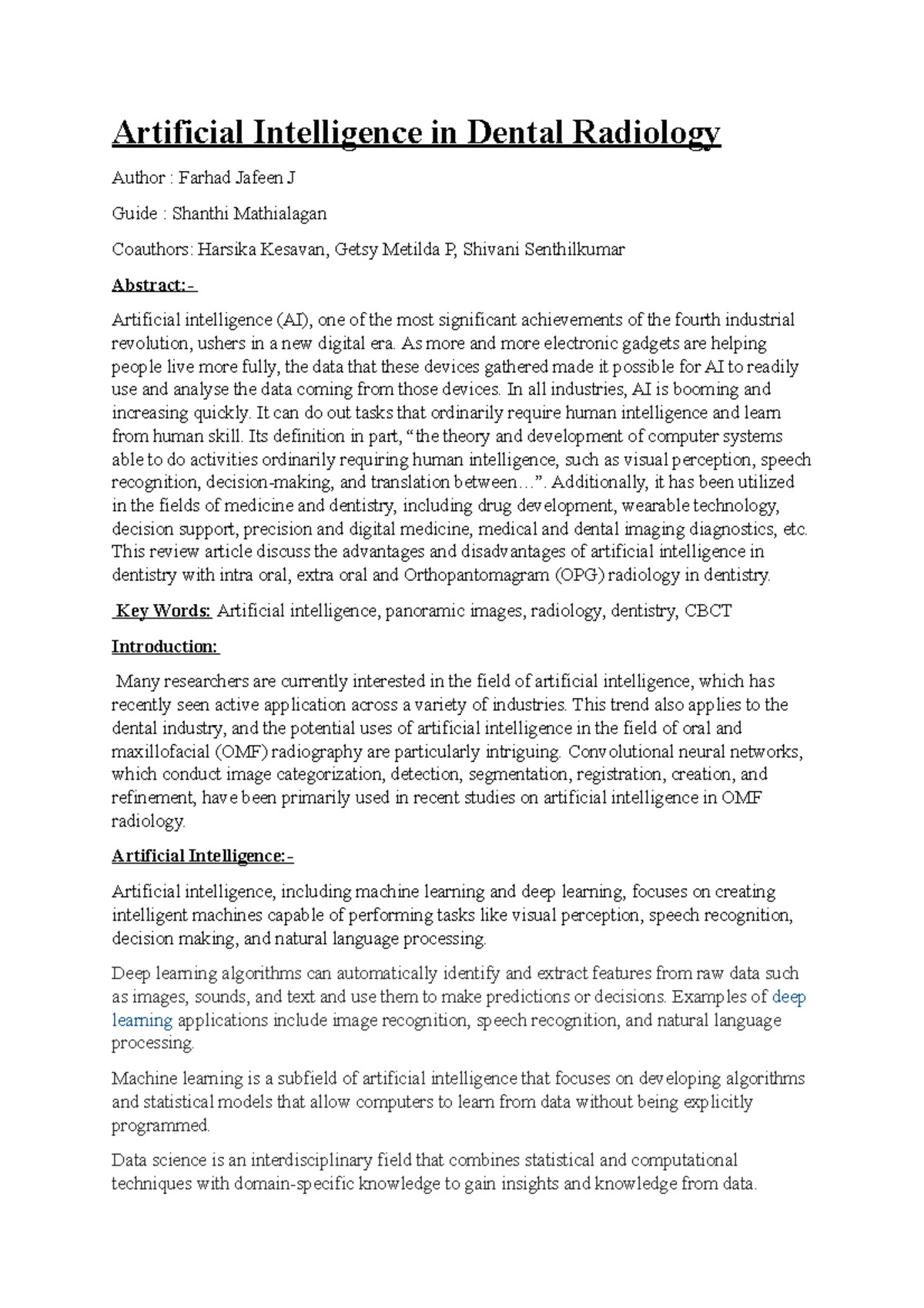 Artificial Intelligence in Dental Radiologybioethicon Artificial