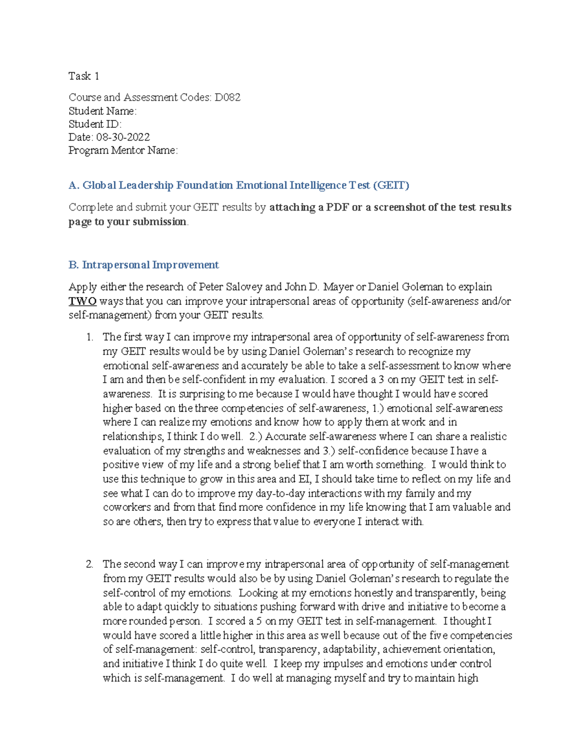 D082 Task 1 - The graduate applies emotional intelligence (EI) to ...