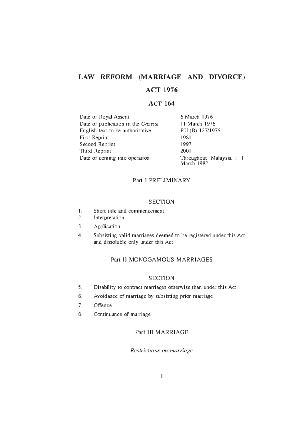 LAW Reform ( Marriage AND Divorce) ACT 1976 ACT 164 LAW REFORM