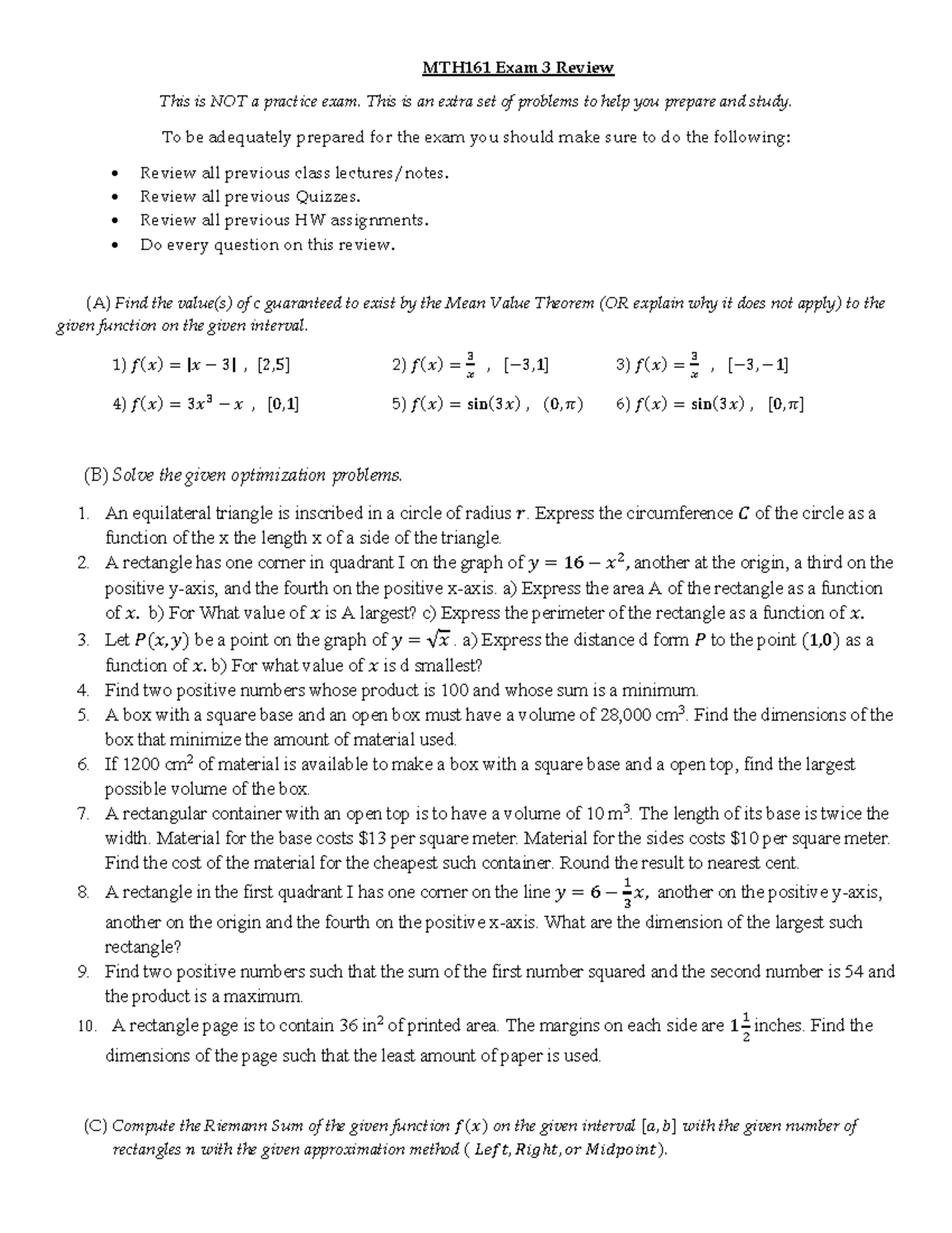 Exam 3 Review - MTH1 61 Exam 3 Review This is NOT a practice exam. This ...