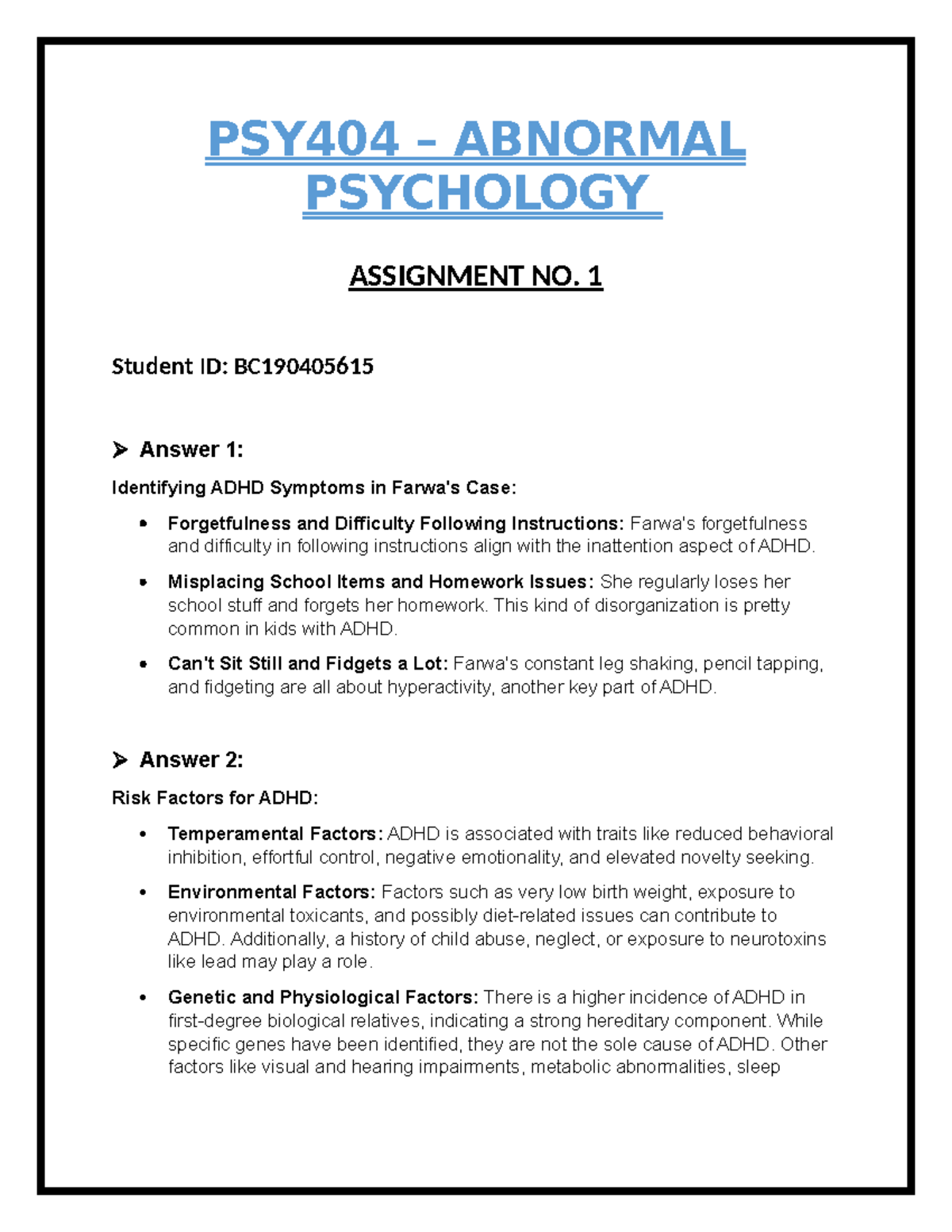 PSY404 ASS 1 - jbkxbsa - PSY404 – ABNORMAL PSYCHOLOGY ASSIGNMENT NO. 1 ...