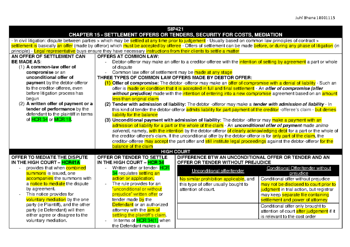 SIP421 Chapter 15 Summary - SIP CHAPTER 15 - SETTLEMENT OFFERS OR ...