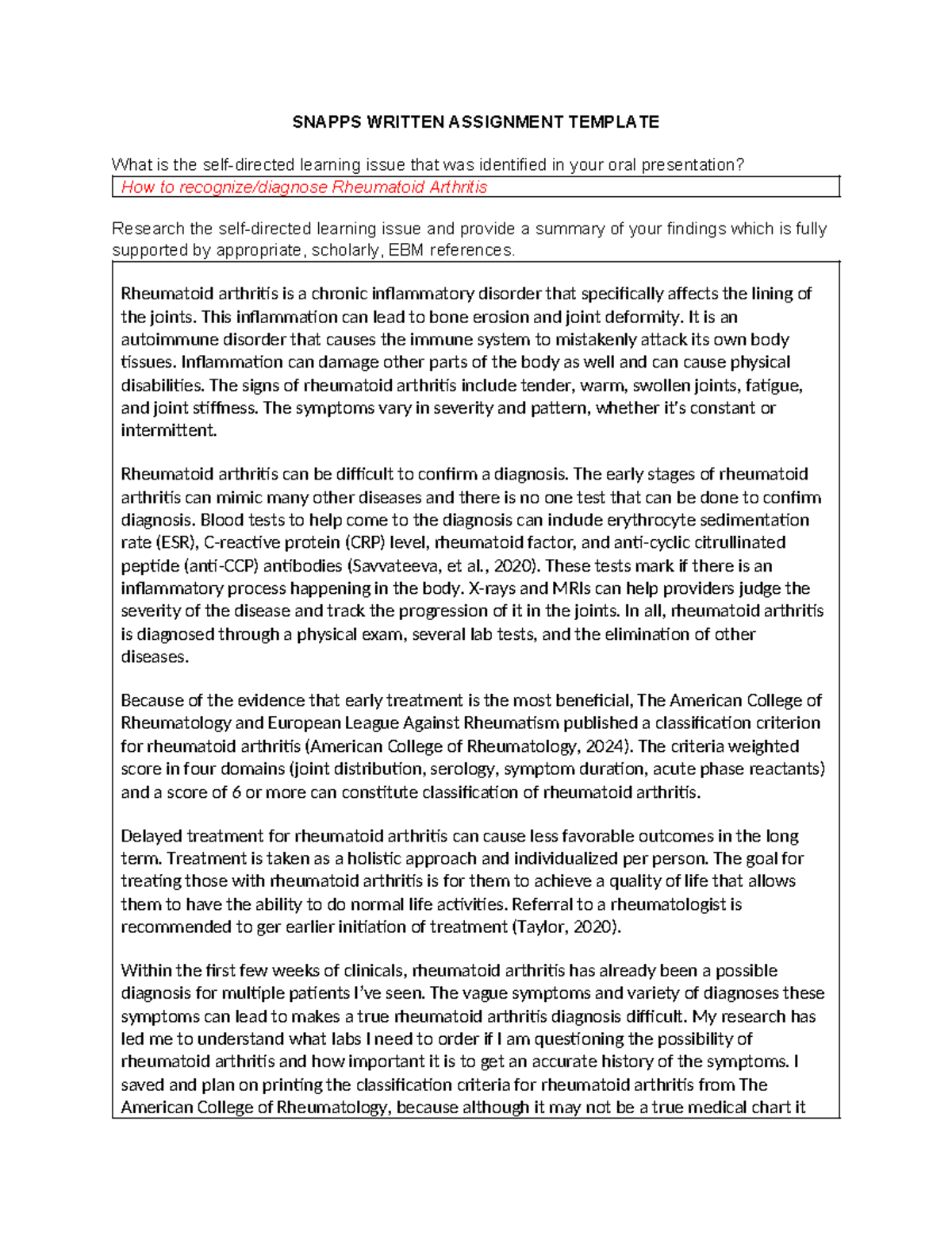 Snapps self directed paper SNAPPS WRITTEN ASSIGNMENT TEMPLATE What is