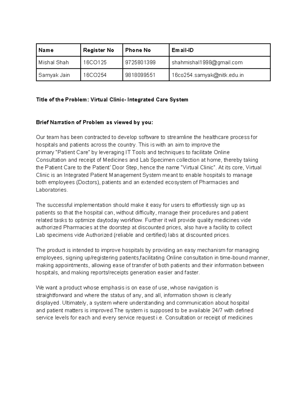 Virtual Clinic -Project Proposal - Software Crisis - Name Register No ...