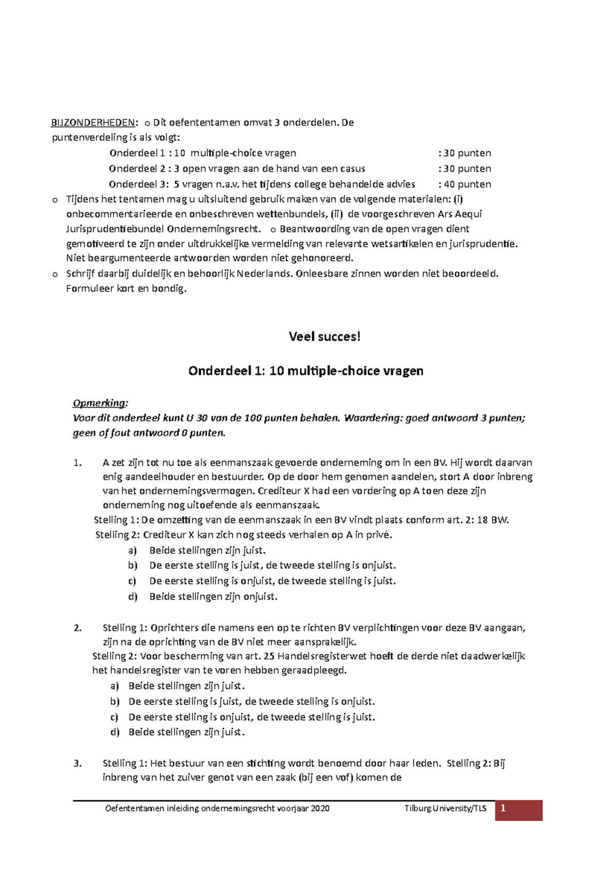 Inleiding Ondernemingsrecht Oefententamen 2020.docx - BIJZONDERHEDEN: O ...