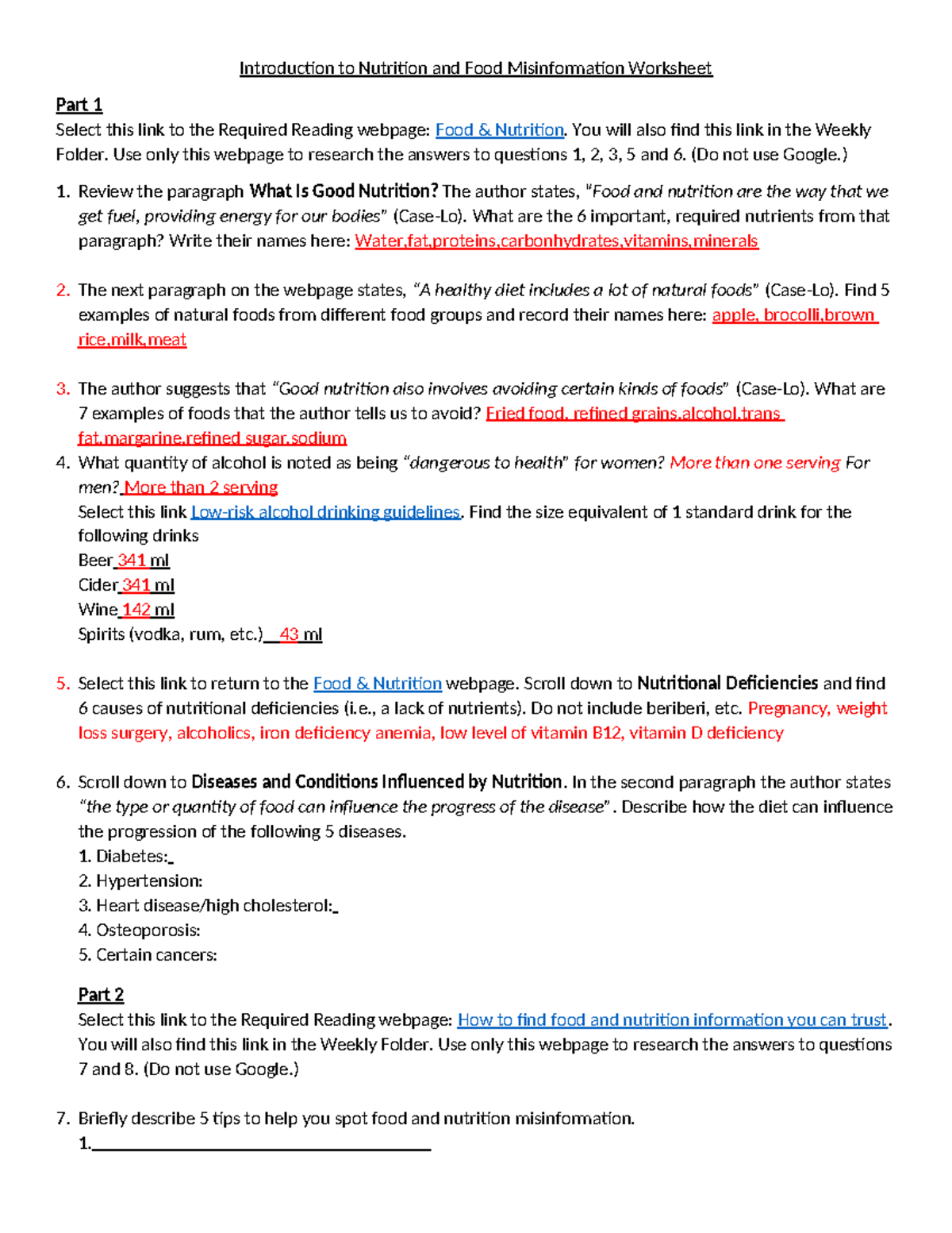 Key Concepts in Nutrition Worksheet Introduction to Nutrition and