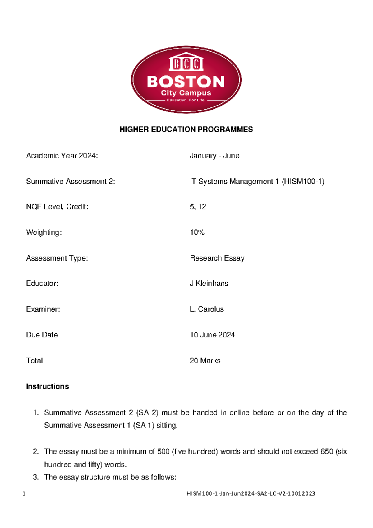 HISM100 1 Jan Jun2024 SA2 LC V1 10102023 HIGHER EDUCATION PROGRAMMES