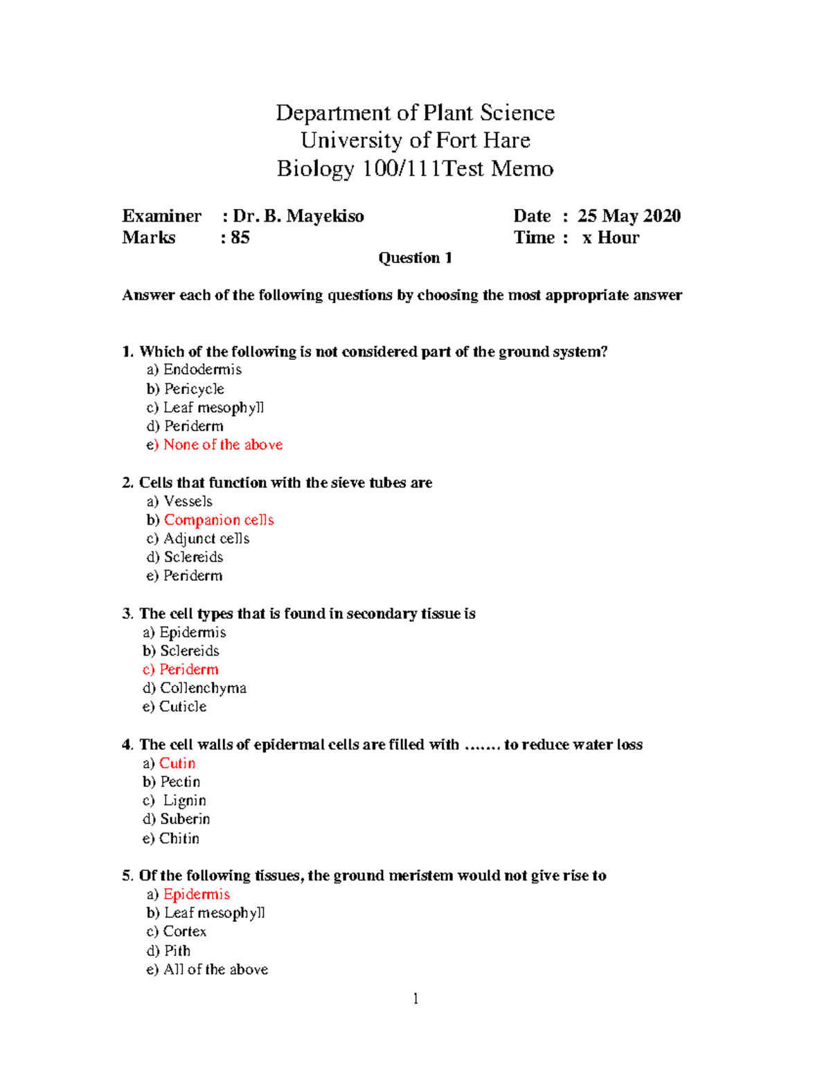 Biology 111 Plant Anatomy Self Assessment Test 2020 Memo Department