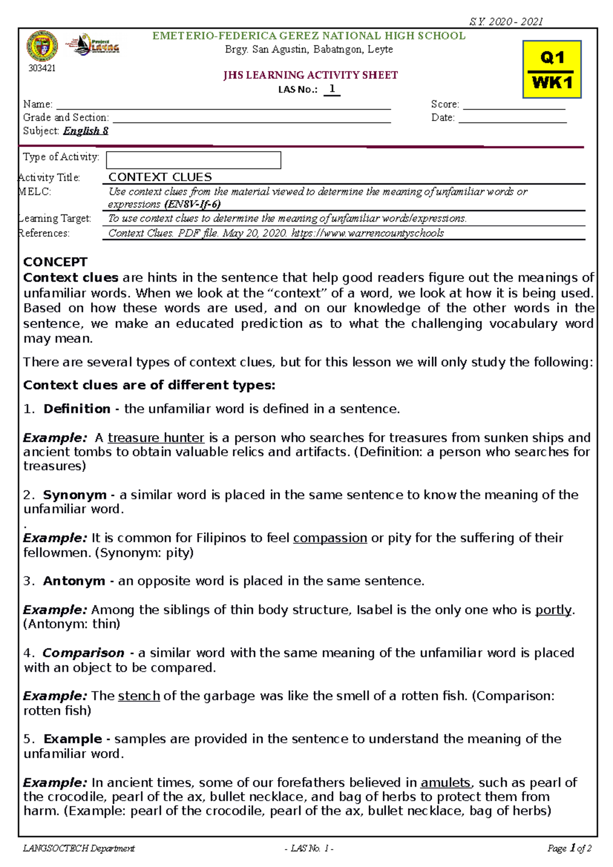 Q1- English 8 LAS WEEK 1 (day1) - S. 2020 - 2021 EMETERIO-FEDERICA ...