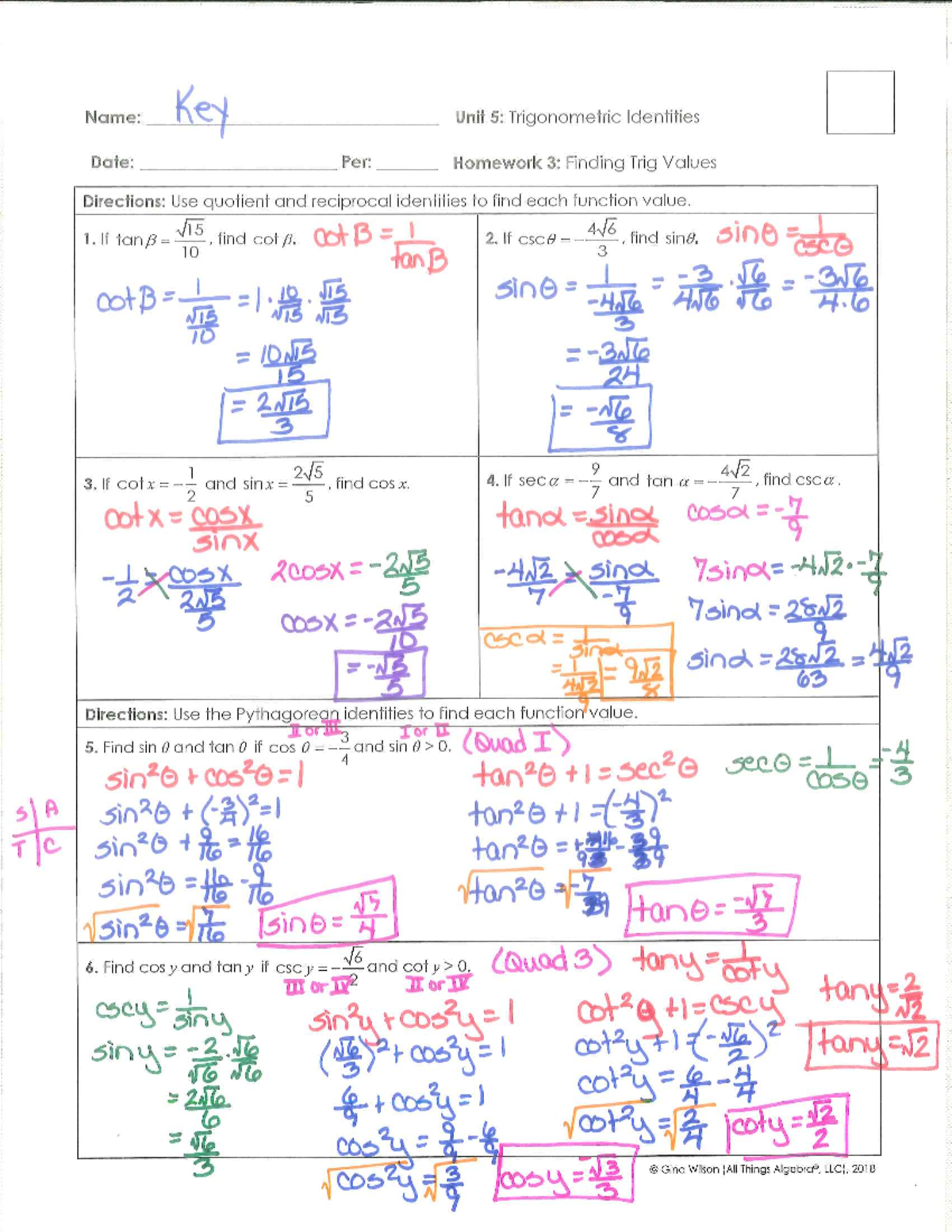 2122 Lesson 8 Homework Key Finding Values using Trig Identities Studocu