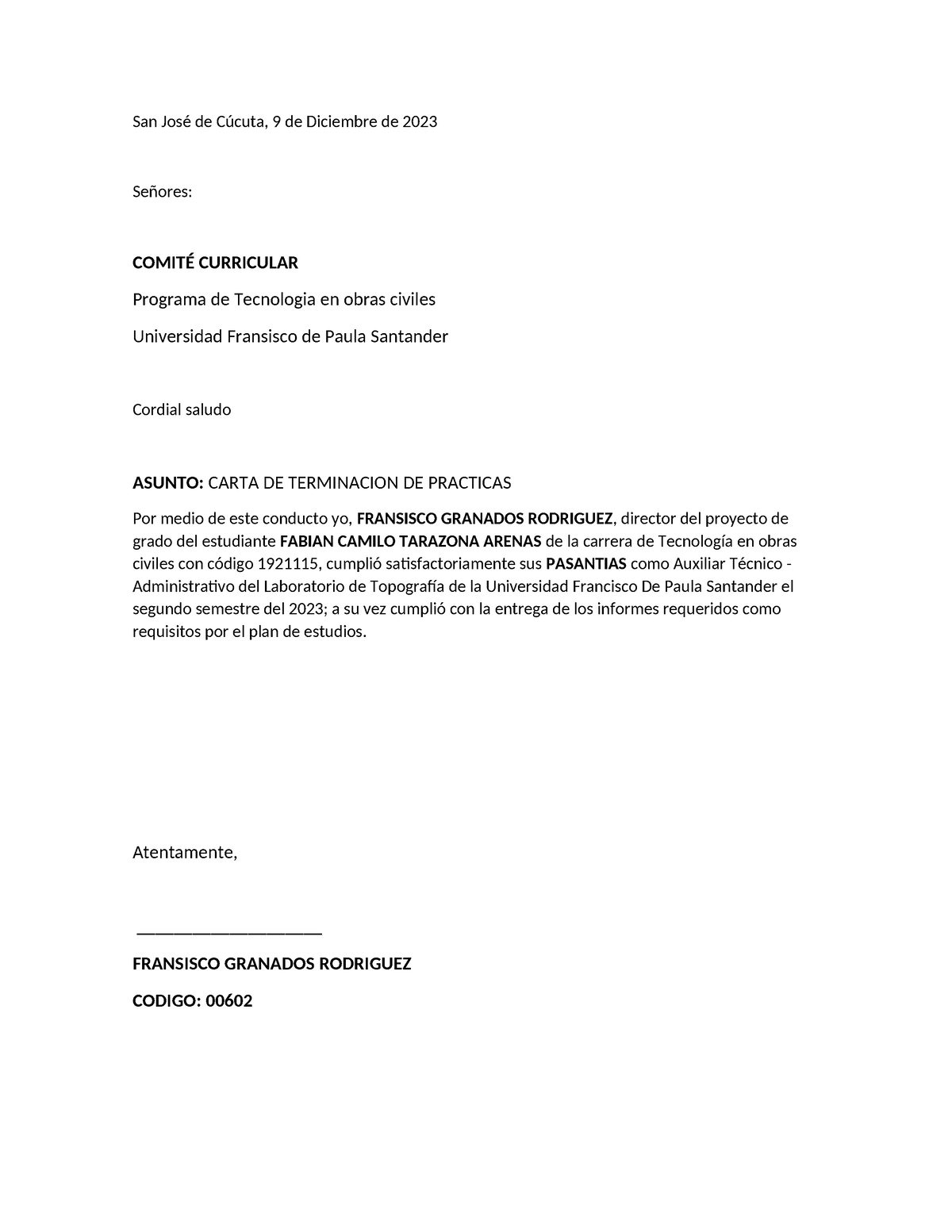 Carta Finalización Pasantia 2 1tsrs San José De Cúcuta 9 De Diciembre De 2023 Señores 5474