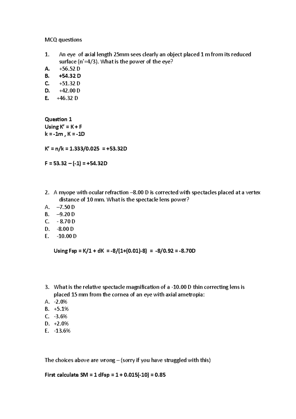 Foundations of Optics Visual Optics MCQ questions with answers MCQ