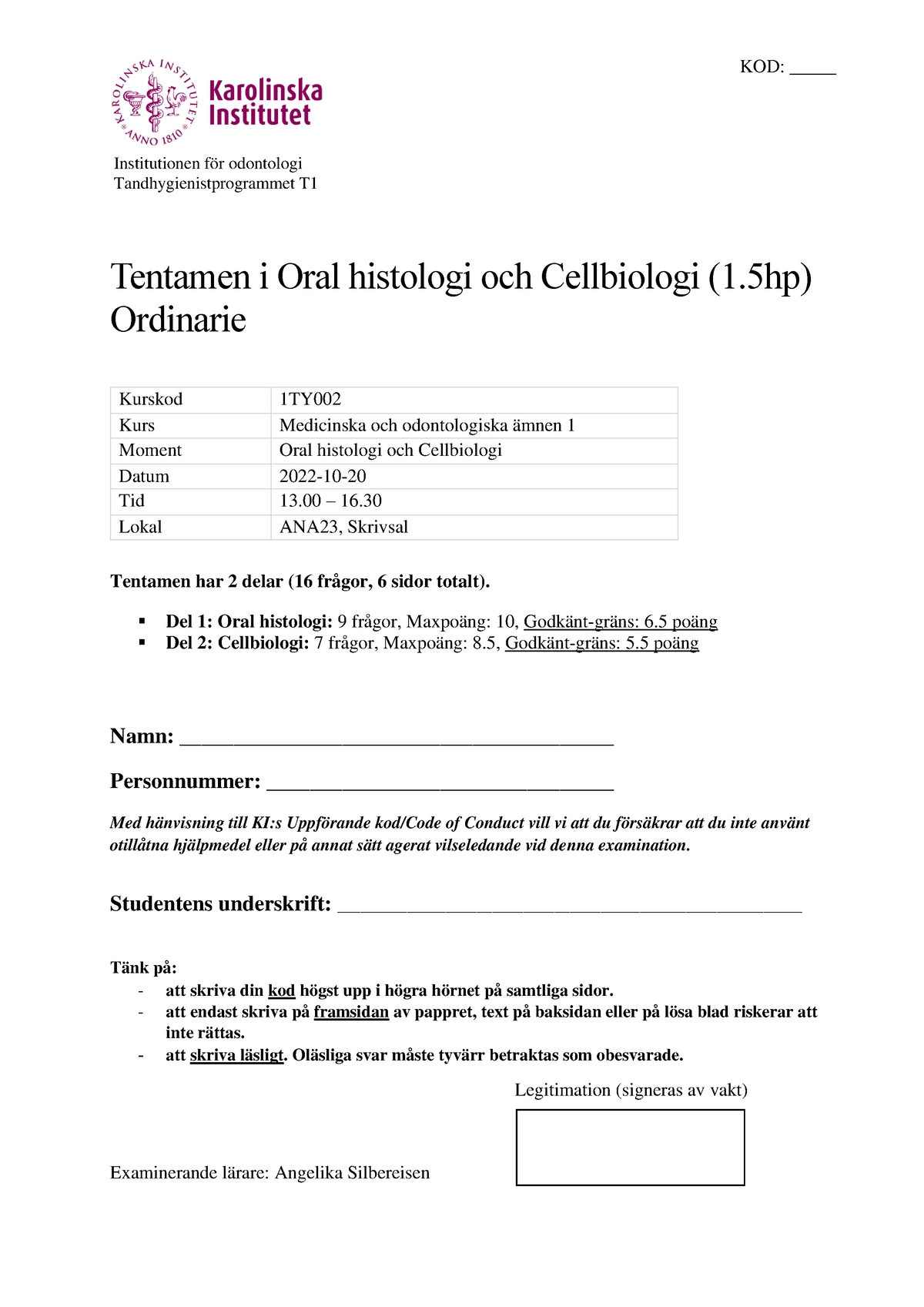 Tentamen Ordinarie MOÄ1 1TY002 Oral Histologi Och Cellbiologi HT2022 ...