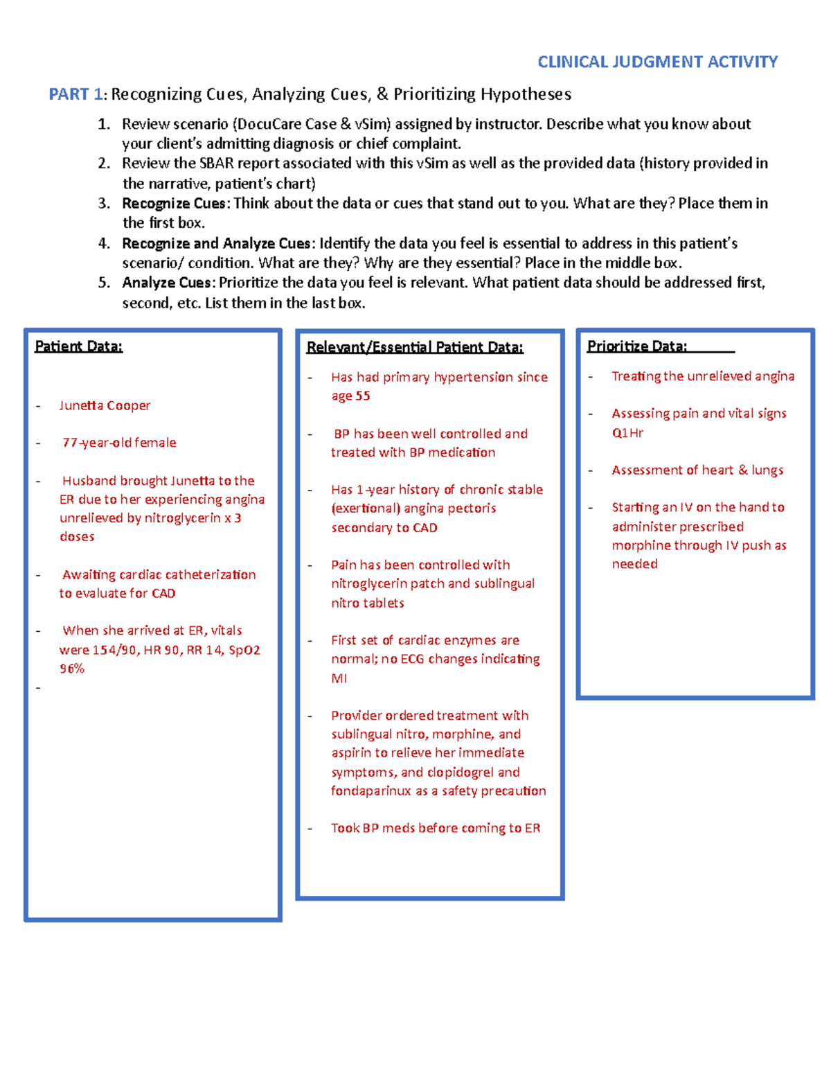Pre clinical Junetta final - CLINICAL JUDGMENT ACTIVITY PART 1 ...