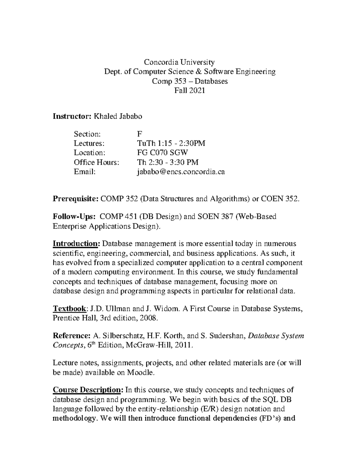Comp353 Course Outline Fall 2021 - Concordia University Dept. of ...