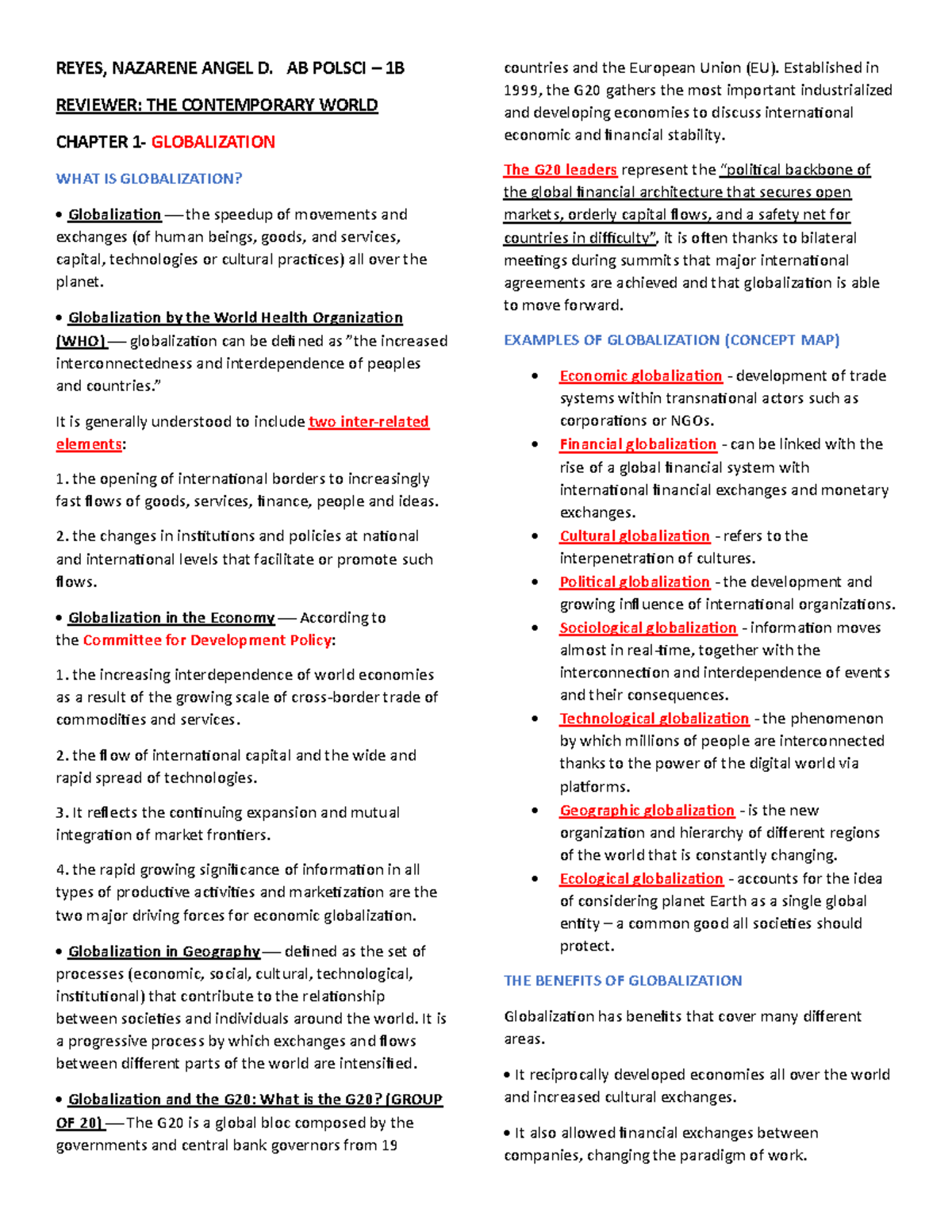 The Contemporary World REYES, NAZARENE ANGEL D. AB POLSCI 1B