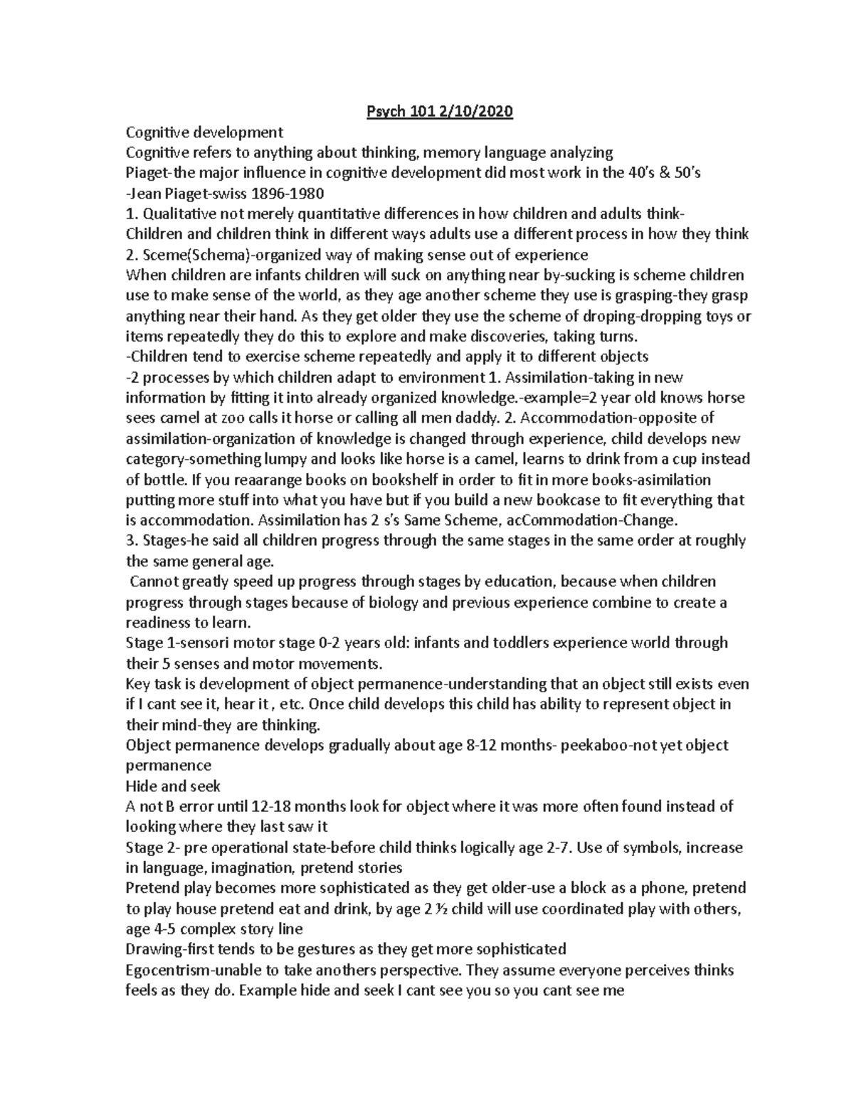 Psych 101 2:10:20 - Lecture notes 2-3 - Psych 101 2/10/ Cognitive ...