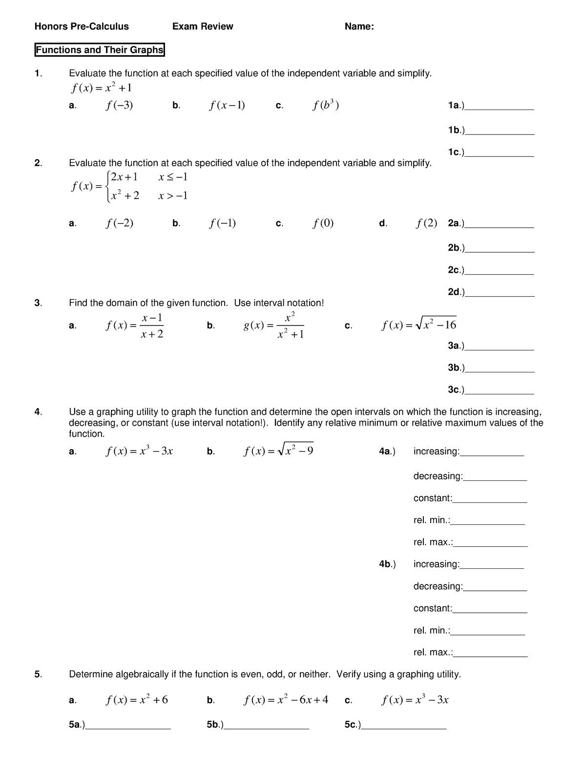 Honors Pre-Calculus Exam Review And Solutions - Honors Pre-Calculus ...