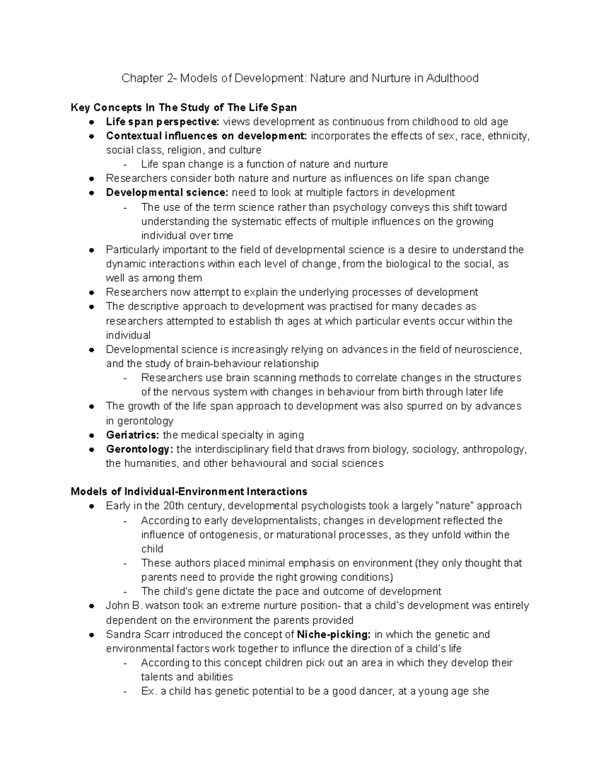 Textbook Notes Chapter 2 - Chapter 2- Models of Development: Nature and ...