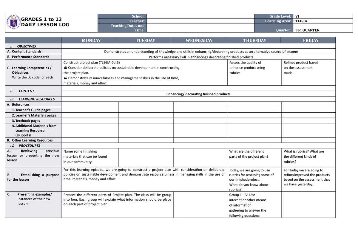 DLL TLE 6 Q4 W4 - NONE - GRADES 1 to 12 DAILY LESSON LOG School: Grade ...