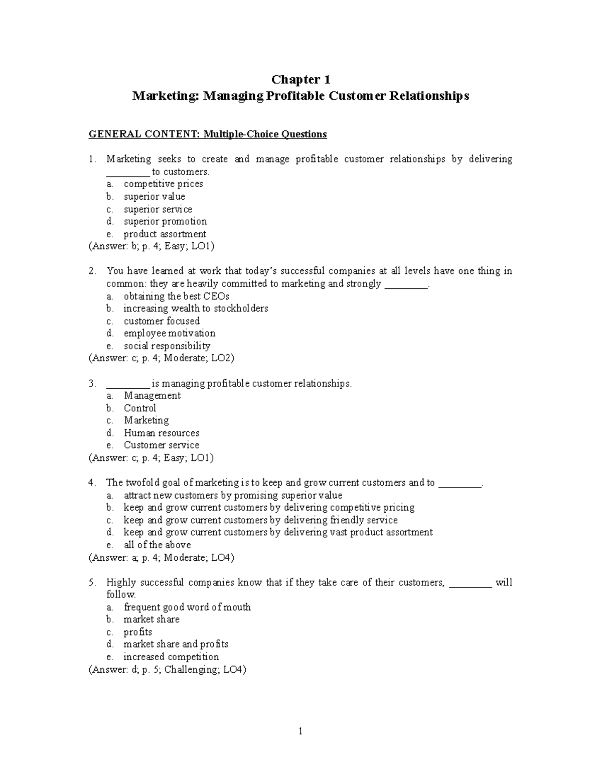 Practice test answer key chap 123456 - Chapter 1 Marketing: Managing ...