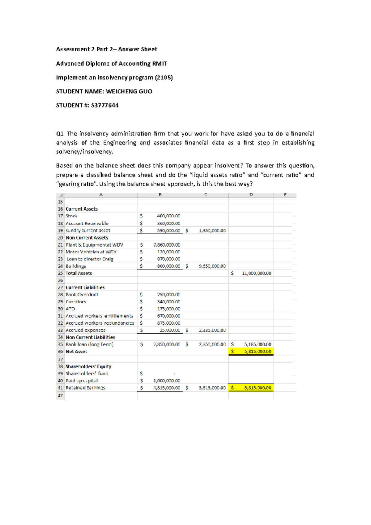 Part 2 - Case study 1-10 - Assessment 2 Part 2– Answer Sheet Advanced ...
