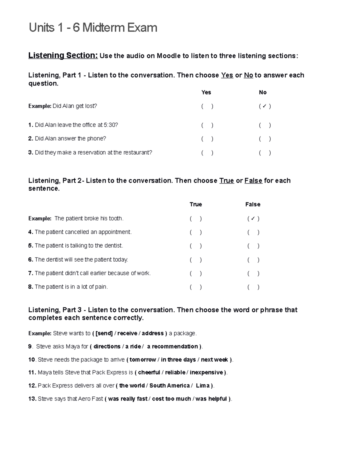 TN3 Units 1 5Assessment - Units 1 - 6 Midterm Exam Listening Section ...