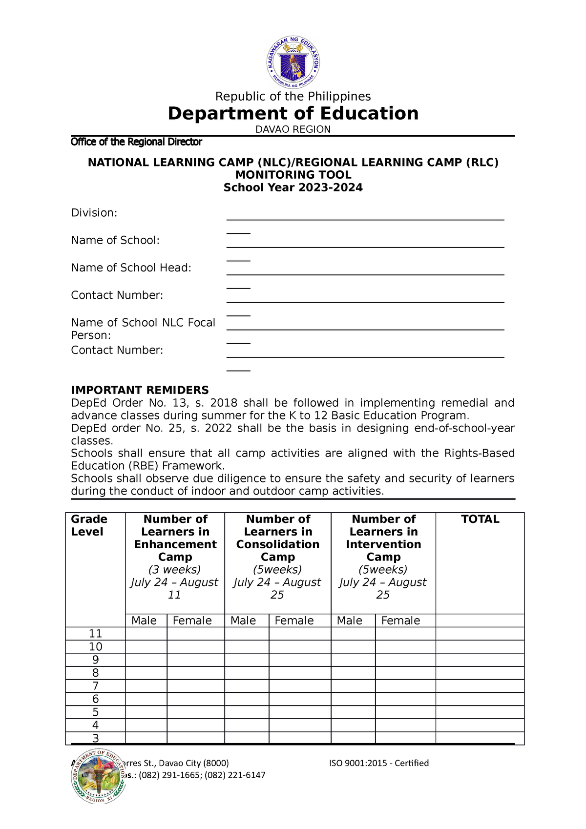 NLCMonitoringTool easy Department of Education DAVAO REGION