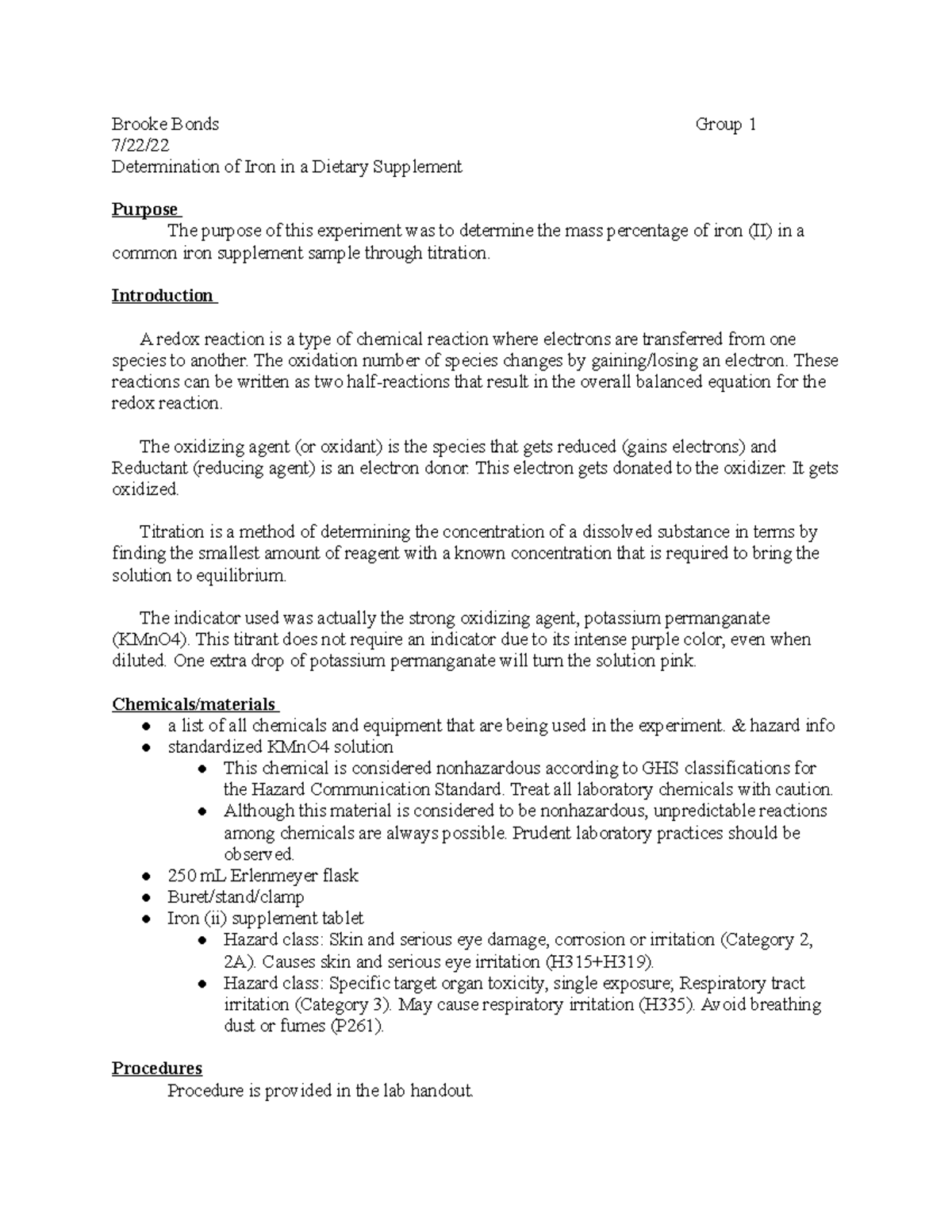 Lab report 6 Determination of Iron in a Dietary Supplement - Brooke ...