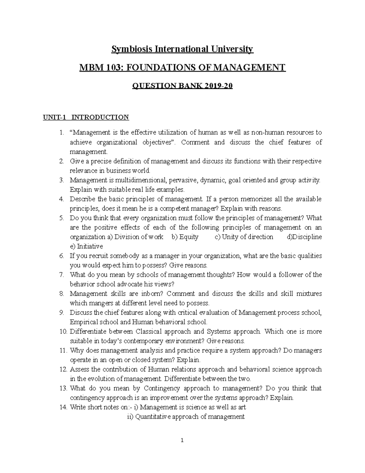 MBA103 Foundations of Management : Question Bank - Symbiosis ...