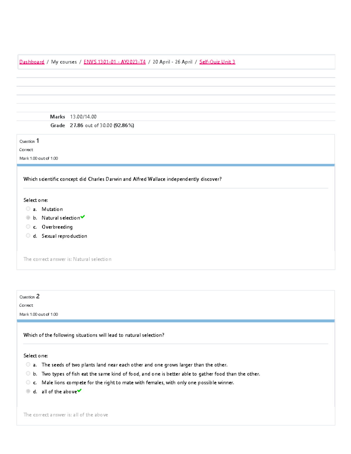 ENVS 1301 Self-Quiz Unit 3 Attempt Review-1 - Marks 13/14. Grade 27 Out ...