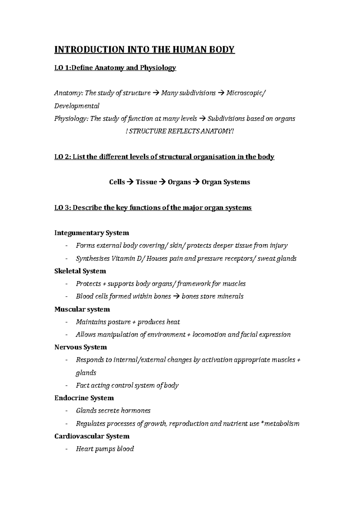 Human Bioscience Part 1 Notes - Introduction Into The Human Body Lo 1 