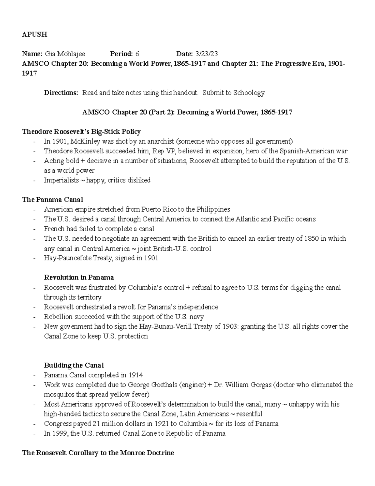 7.2 HW Amsco Chapter 20 (Part 2) Becoming a World Power, 1865-1917 and