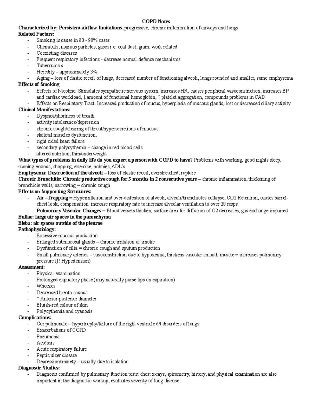 COPD Notes test 1 - COPD Notes Characterized by: Persistent airflow ...